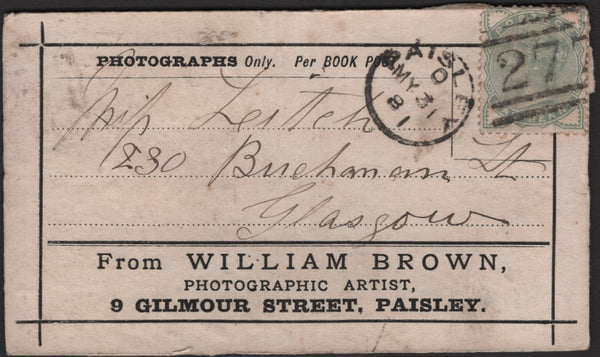 140014 1881 BOOK POST PARCEL FRONT PAISLEY TO GLASGOW WITH ½D PALE GREEN (SG165).