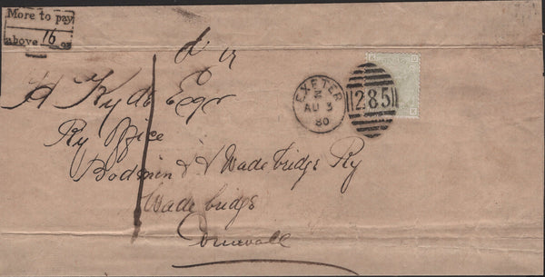 140015 1880 'BOOK POST/SAMPLE/PATTERN MAIL' FROM EXETER TO CORNWALL WITH 4D SAGE GREEN (SG153).