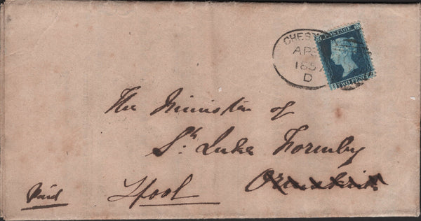 140017 1857 PRINTED NOTICE RE VISITATION OF THE ARCHDEACON OF LIVERPOOL TO 'HOLD HIS COURT FOR ADMITTING CHURCH AND CHAPEL WARDENS ETC' CHESTER TO ORMSKIRK, RE-DIRECTED TO LIVERPOOL WITH 2D BLUE PL.5 (SG23a) 'CHESTER/180' SPOON (RA31).