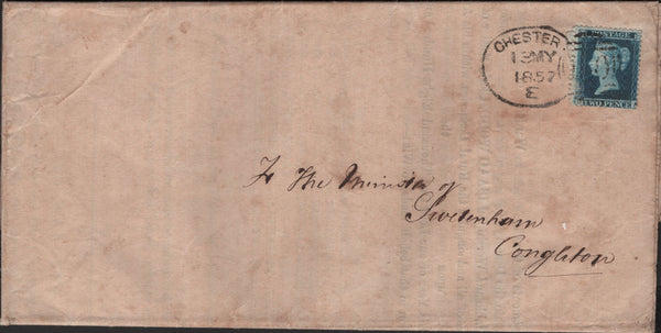 140018 1857 PRINTED NOTICE RE VISITATION OF THE ARCHDEACON OF LIVERPOOL TO 'HOLD HIS COURT FOR ADMITTING CHURCH AND CHAPEL WARDENS ETC' CHESTER TO CONGLETON WITH 2D BLUE PL5 (SG34) 'CHESTER/180' SPOON (RA31).