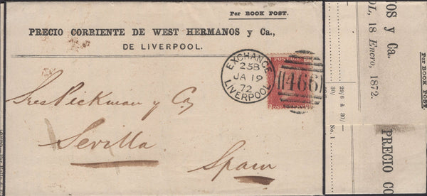 140029 1872 PRINTED PRICES CURRENT MAIL LIVERPOOL TO SEVILLA, SPAIN WITH 1D PL.130 (SG43).