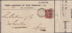 140029 1872 PRINTED PRICES CURRENT MAIL LIVERPOOL TO SEVILLA, SPAIN WITH 1D PL.130 (SG43).