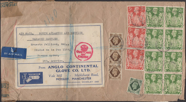 140035 1943 REGISTERED AIR MAIL  LARGE LETTER MANCHESTER TO ARGENTINA WITH KGVI 2/6 YELLOW-GREEN (SG476b) X 8 AND 5S RED (SG477) X 3.