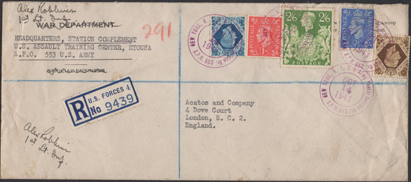 140036 1943 REGISTERED MAIL FROM NEW YORK, USA TO LONDON WITH GB STAMPS CANCELLED 'NEW YORK' INCLUDING 2/6 YELLOW-GREEN (SG476b).