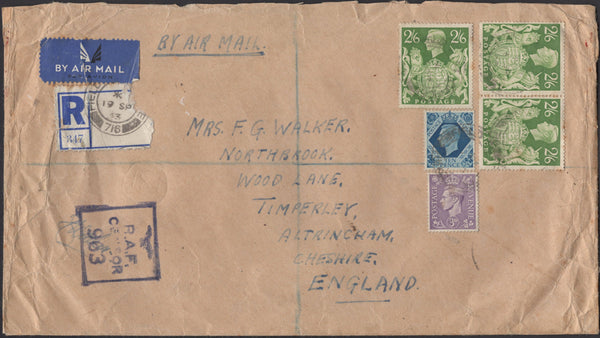 140039 1943 REGISTERED AIR MAIL 'FIELD POST OFFICE/716' (CAIRO) TO ALTRINCHAM, CHESHIRE WITH KGVI 2/6 YELLOW-GREEN (SG476b) X 3.