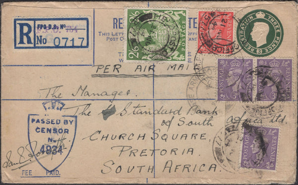 140040 1944 REGISTERED AIR MAIL FPO/577 (ITALY) TO PRETORIA WITH KGVI 2/6 YELLOW-GREEN (SG476b).