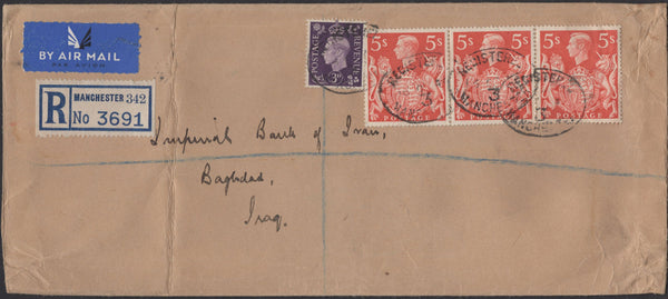 140042 1940 REGISTERED AIR MAIL MANCHESTER TO IRAQ WITH KGVI 5S RED (SG477) X 3.