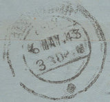 140043 1943 AIR MAIL LONDON TO ADEN, ARABIA WITH KGVI 5S RED (SG477).