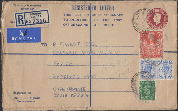 140047 1951 REGISTERED AIR MAIL LONDON TO SOUTH AFRICA WITH KGVI 5S RED (SG477).
