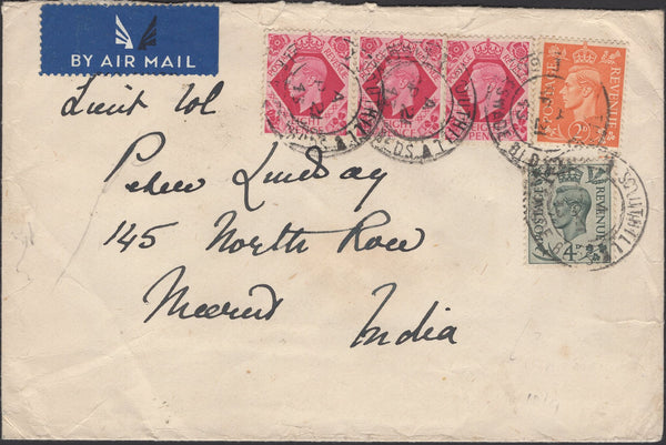 140048 1943 AIR MAIL SOUTHILL, BIGGLESWADE TO MEERUT, INDIA WITH KGVI ISSUES.