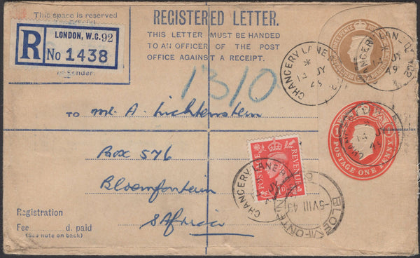 140049 1949 KGVI REGISTERED MAIL SENT SURFACE MAIL LONDON TO SOUTH AFRICA.