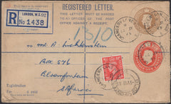 140049 1949 KGVI REGISTERED MAIL SENT SURFACE MAIL LONDON TO SOUTH AFRICA.