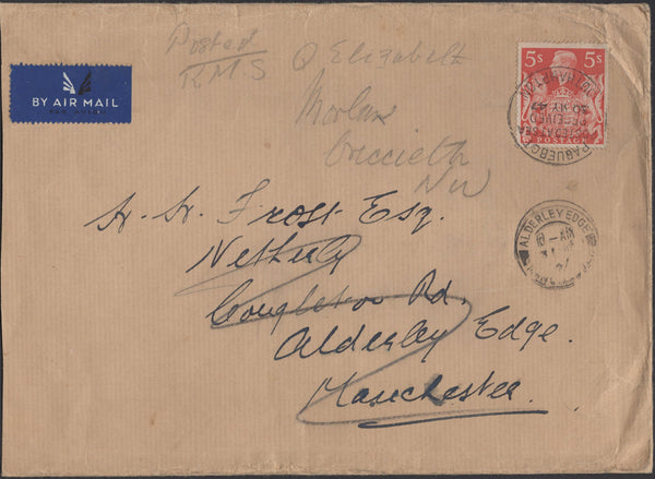 140051  1947 LETTER 'RMS Queen Elizabeth' POSTED IN THE US TO MANCHESTER, RE-DIRECTED TO CRICCIETH WITH KGVI (SG477) 'PAQUEBOT/SOUTHAMPTON' DATE STAMP.