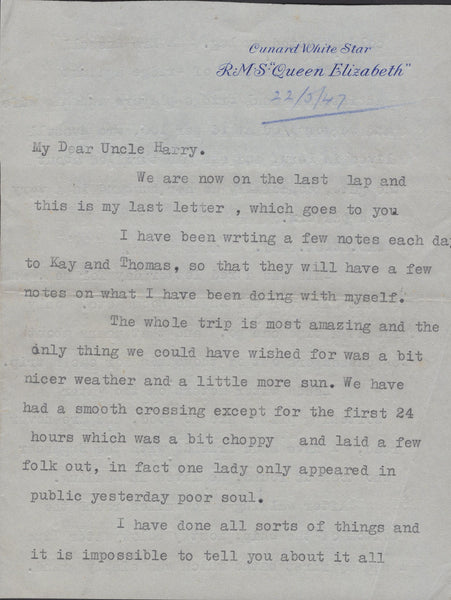 140051  1947 LETTER 'RMS Queen Elizabeth' POSTED IN THE US TO MANCHESTER, RE-DIRECTED TO CRICCIETH WITH KGVI (SG477) 'PAQUEBOT/SOUTHAMPTON' DATE STAMP.