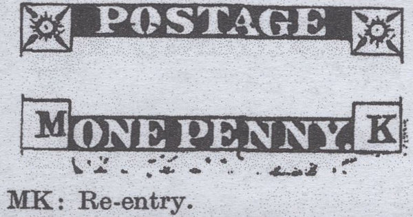 140059 1845 1D PL.61 (SG8) HORIZONTAL PAIR LETTERED MK ML, MK WITH RE-ENTRY (SPEC BS50a).