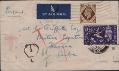 140063 1946 UNDERPAID AIR MAIL LONDON TO HAVANA, CUBA WITH 3D PEACE (SG492).