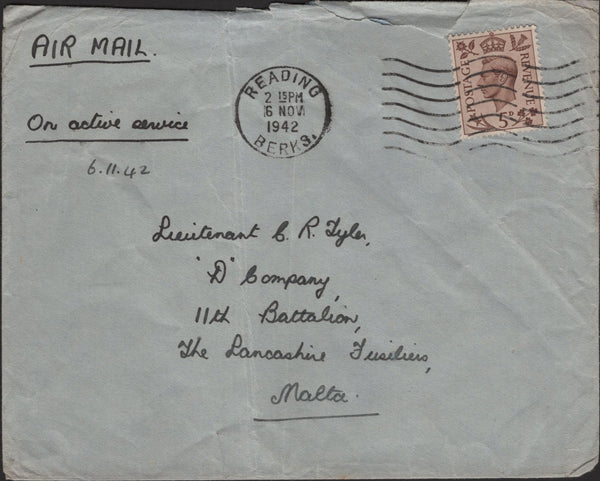 140064 1942 AIR MAIL READING, BERKS TO MALTA WITH 5D (SG469).