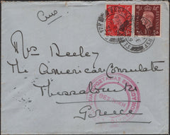 140065 1939 SURFACE MAIL BROCKENHURST, HANTS TO THESSALONIKA, GREECE WITH KGVI ISSUES.