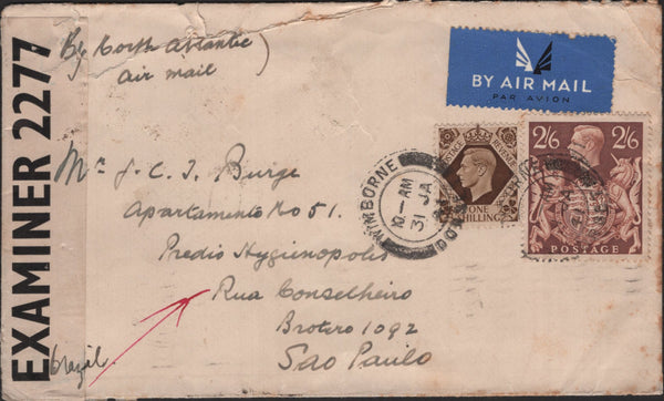 140067 1941 AIR MAIL WIMBORNE, DORSET TO BRAZIL WITH 2/6 BROWN (SG476).