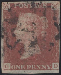 140087 1841 1D RED PL.9 (SG7)(GD STATE TWO SPEC AS63) GOOD USED.