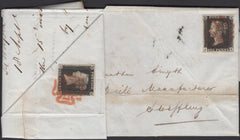 140093 1840 TURNED LETTER LONDON TO SAXMUNDHAM AND RE-USED TO SWEFFLING, SUFFOLK WITH RARE COMBINATION 1D PENNY BLACKS PLATE 1B (SG2)(PJ) AND PLATE 6 (SG2)(JK).