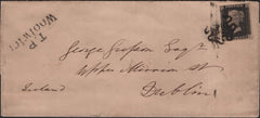 140103 1841 WRAPPER LONDON TO DUBLIN WITH 1D GREY-BLACK PL.1B (SG3)(DC) AND 'T.P/Woolwich' HAND STAMP (L505/WOOL12).