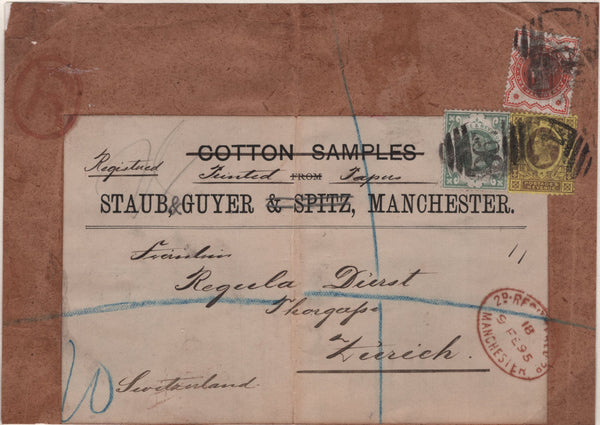 140105 1895 PARCEL FRONT 'COTTON SAMPLES' DELETED AND SENT 'Registered Printed Papers' MANCHESTER TO ZURICH WITH JUBILEE ISSUE ½D (SG197), 3D (SG203) AND 1S DULL GREEN (SG211).