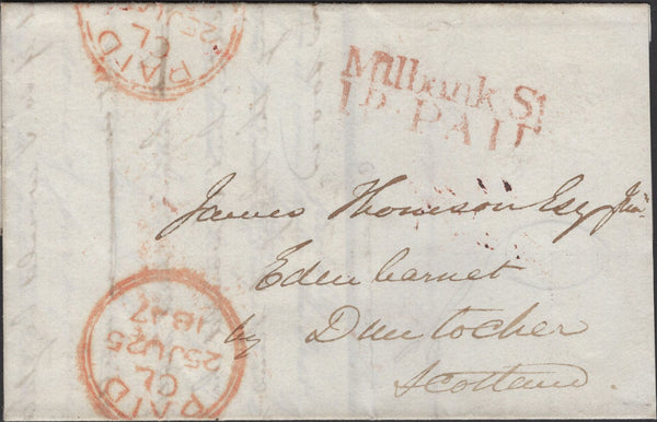 140108 1847 MAIL LONDON TO DUNTOCHER, SCOTLAND WITH 'Millbank St/1D.-PAID' HAND STAMP (L510/MILB13).