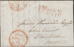 140108 1847 MAIL LONDON TO DUNTOCHER, SCOTLAND WITH 'Millbank St/1D.-PAID' HAND STAMP (L510/MILB13).