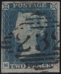 140120 1840 2D BLUE PL.1 (SG5)(MH) WITH PLATE WEAR AND CANCELLED IRISH '232' NUMERAL CANCELLATION OF GALWAY (SPEC D1xc) GOOD USED.