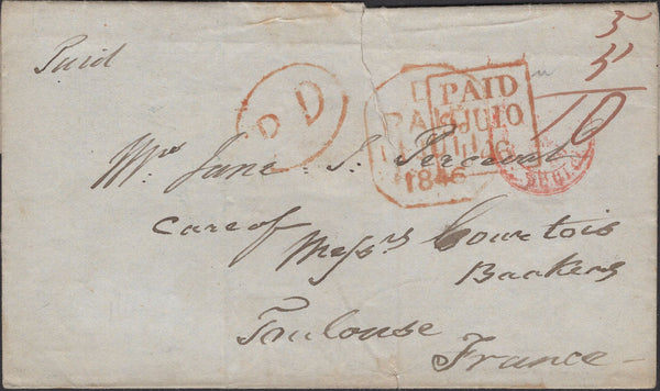 140125 1846 MAIL DUBLIN TO TOULOUSE, FRANCE WITH VARIOUS DATE STAMPS.