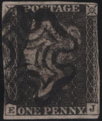 140128 1841 1D GREY-BLACK PLATE ELEVEN (SG3) MATCHED PAIR LETTERED EJ, GOOD USED.