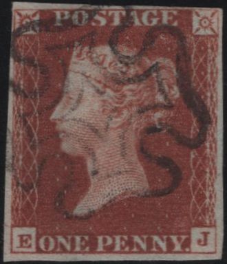 140128 1841 1D GREY-BLACK PLATE ELEVEN (SG3) MATCHED PAIR LETTERED EJ, GOOD USED.