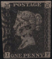 140130 1841 1D GREY-BLACK PLATE ELEVEN (SG3)(IF) MATCHED PAIR, GOOD USED.