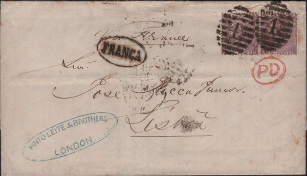 140137 1867 MAIL LONDON TO LISBON WITH 6D LILAC PL.5 (SG97) X 2, SHORT 'A' ROW STAMPS.