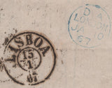 140137 1867 MAIL LONDON TO LISBON WITH 6D LILAC PL.5 (SG97) X 2, SHORT 'A' ROW STAMPS.