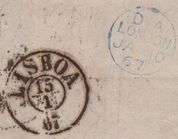 140137 1867 MAIL LONDON TO LISBON WITH 6D LILAC PL.5 (SG97) X 2, SHORT 'A' ROW STAMPS.