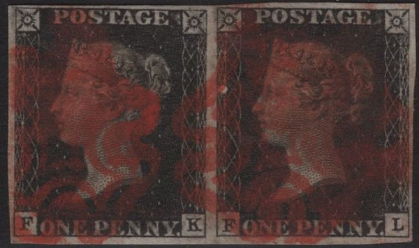 140162 1840 1D BLACK PLATE TEN (SG2) FINE USED HORIZONTAL PAIR FK FL WITH RED MALTESE CROSSES (SPEC AS66h).