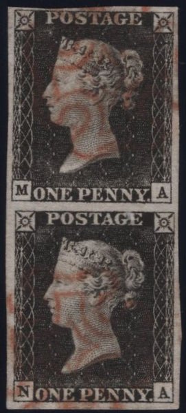 140166 1840 1D GREY-BLACK PLATE 1A VERTICAL PAIR (SG3)(MA NA) VERY FINE USED.