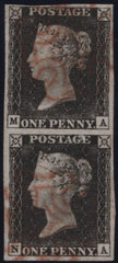 140166 1840 1D GREY-BLACK PLATE 1A VERTICAL PAIR (SG3)(MA NA) VERY FINE USED.