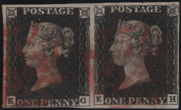 140167 1840 1D BLACK PL.6 HORIZONTAL PAIR (SG2) LETTERED EG EH, VERY FINE USED.