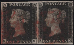 140167 1840 1D BLACK PL.6 HORIZONTAL PAIR (SG2) LETTERED EG EH, VERY FINE USED.