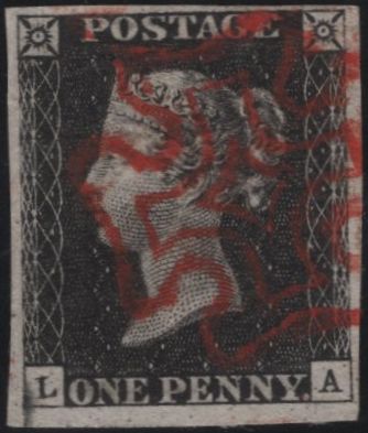 140180 1840 1D BLACK PL.4 (SG2)(LA) ON BLEUTE (BLUED) PAPER (SPEC AS23f) VERY FINE USED.