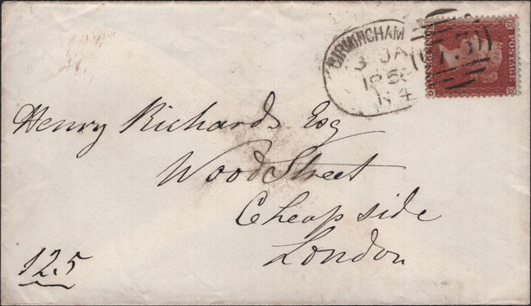 140195 1856 ENVELOPE BIRMINGHAM TO LONDON WITH 1D PL.8 (SG24) 'BIRMINGHAM/75' SPOON TYPE B4 (RA7).