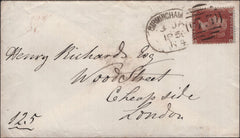 140195 1856 ENVELOPE BIRMINGHAM TO LONDON WITH 1D PL.8 (SG24) 'BIRMINGHAM/75' SPOON TYPE B4 (RA7).