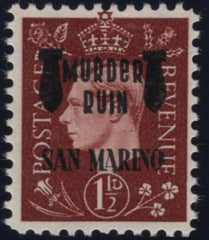 140214 1944 1½D GERMAN PROPAGANDA FORGERY WITH 'MURDER/RUIN/SAN MARINO' OVERPRINT IN BLACK, SUPERB UNUSED.