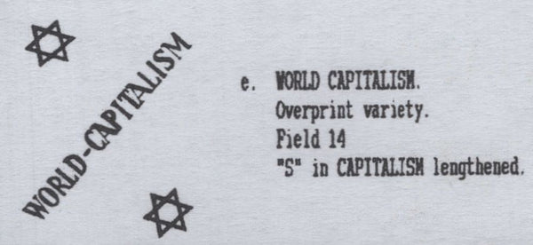 140227 1944 3D GERMAN PROPAGANDA FORGERY EXTREME WORLD POLITICS 'WORLD-CAPITALISM' OVERPRINT, VERY FINE 'USED'.