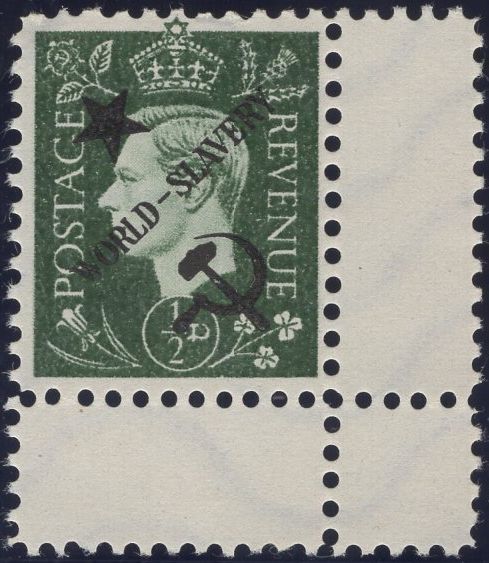 140243 1944 ½D TO 3D GERMAN PROPAGANDA FORGERIES EXTREME WORLD POLITICS 'Star/WORLD-SLAVERY/Hammer and Sickle' OVERPRINT, SET OF SIX, SUPERB UNUSED.