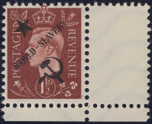 140243 1944 ½D TO 3D GERMAN PROPAGANDA FORGERIES EXTREME WORLD POLITICS 'Star/WORLD-SLAVERY/Hammer and Sickle' OVERPRINT, SET OF SIX, SUPERB UNUSED.