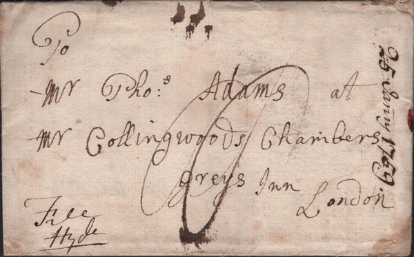 140263 1759 FRAUDULENT FREE FRANK FROM ALNWICK, NORTHUMBERLAND TO LONDON WITH 'ALNE/WICK' TWO LINE HANDSTAMP (NR8).
